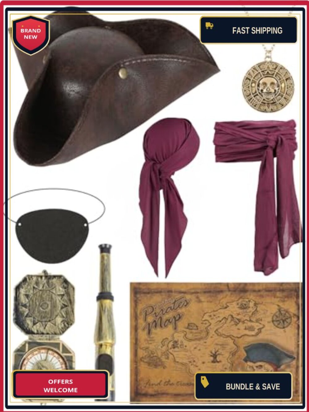Pirate Accessories Set Hat Eye Patch Necklace Sash Costume
